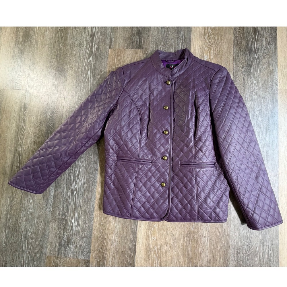 Isaac Mizrahi Live Quilted Leather Jacket Womens Large Purple Button Front Coat